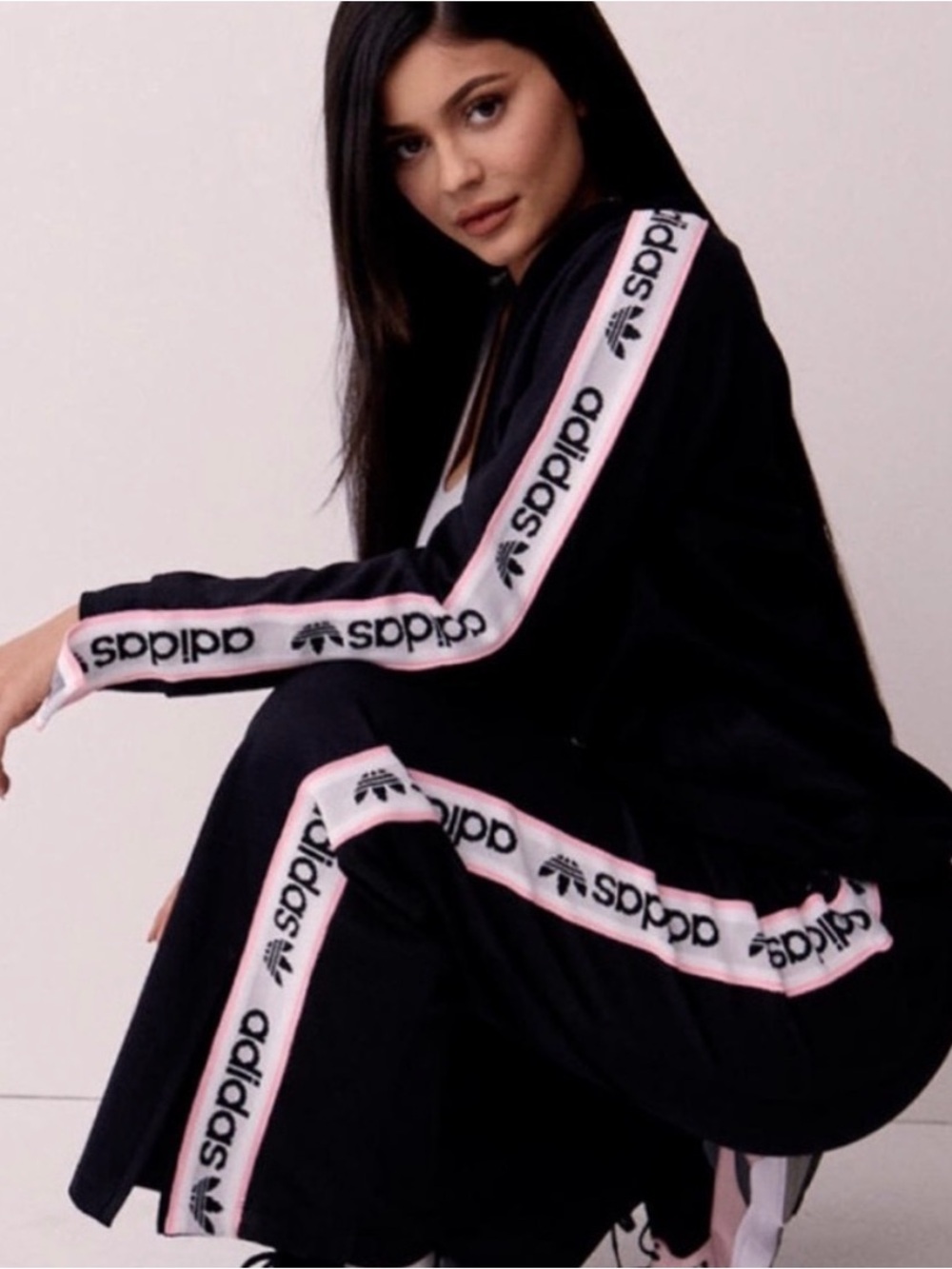 adidas Black Track Pants with Pink & White Logo Tape